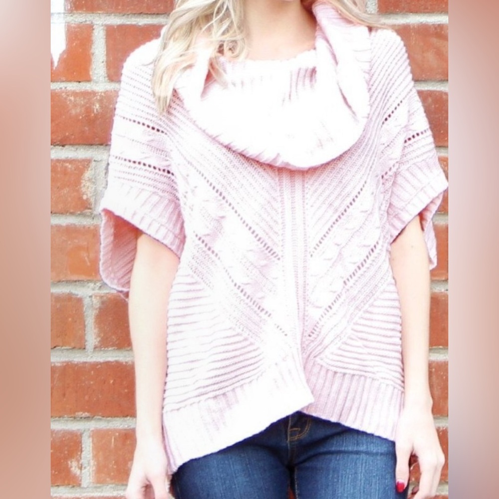 Soft Cable Knit Cowl Neck Sweater Poncho Light Pink pullover short sleeve Large